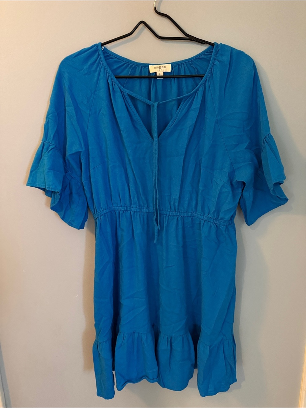 Umgee Bright Teal Short Tiered V-Neck Dress